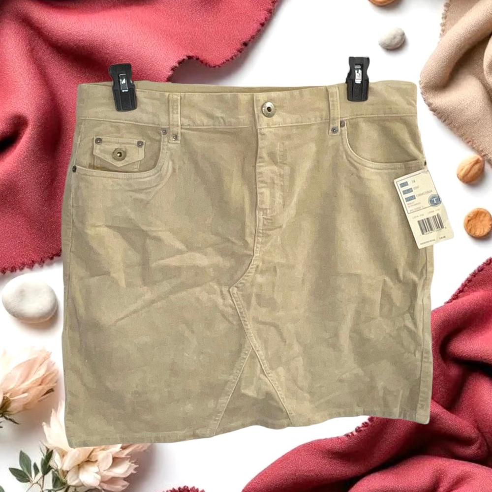 Tint New w Tag Khaki Tan Corduroy Skirt Button Zip A-Line Women Size 14